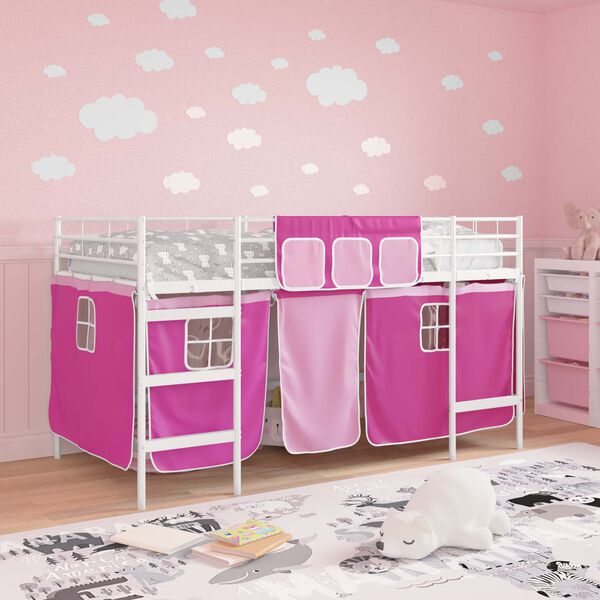 vidaXL Estructura de Cama Alta para Ni&ntilde;os con Cortinas y rosa