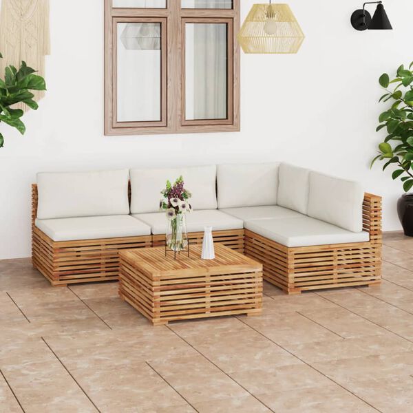 vidaXL Muebles de jard&iacute;n 5 piezas madera maciza teca con cojines crema