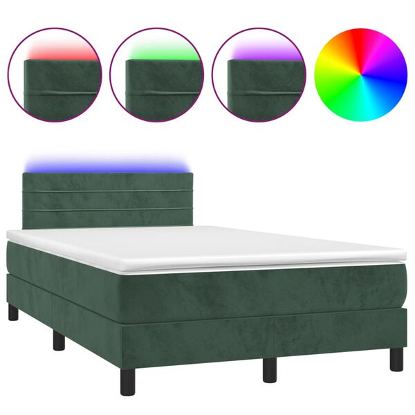 vidaXL Cama box spring colch&oacute;n y LED terciopelo verde oscuro 120x200cm