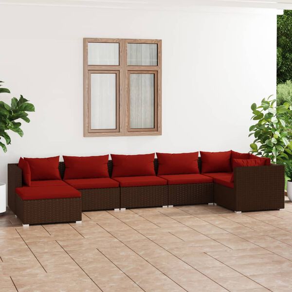 vidaXL Set muebles de jard&iacute;n 7 piezas y cojines rat&aacute;n sint&eacute;tico marr&oacute;n