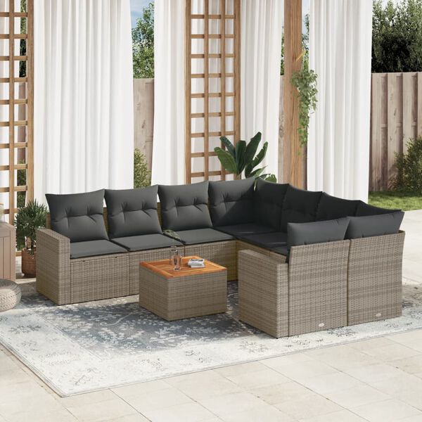 vidaXL Set de muebles de jard&iacute;n 9 pzas y cojines rat&aacute;n sint&eacute;tico gris