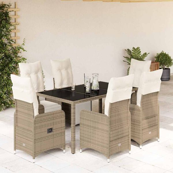 vidaXL Set de mesa y sillas jard&iacute;n 7 pzas con cojines rat&aacute;n PE marr&oacute;n