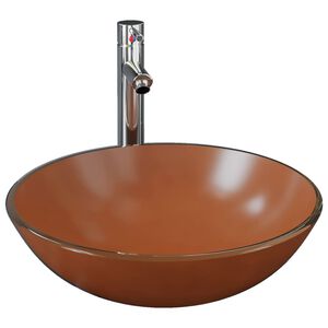 vidaXL Lavabo de ba&ntilde;o grifo y desag&uuml;e de empuje vidrio templado marr&oacute;n