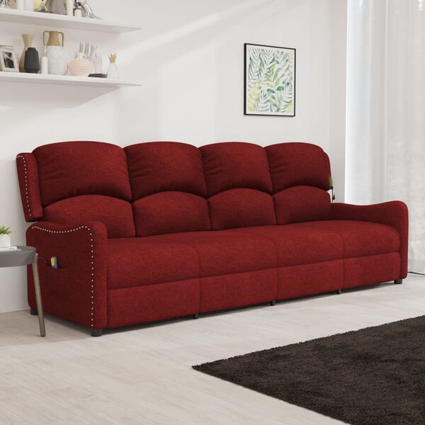 vidaXL Sill&oacute;n reclinable de masaje 4 plazas tela rojo tinto