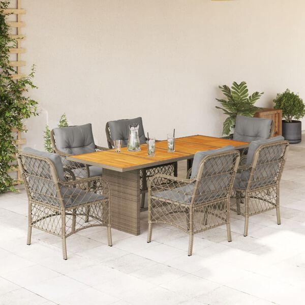 vidaXL Set comedor de jard&iacute;n 7 pzas con cojines rat&aacute;n sint&eacute;tico beige