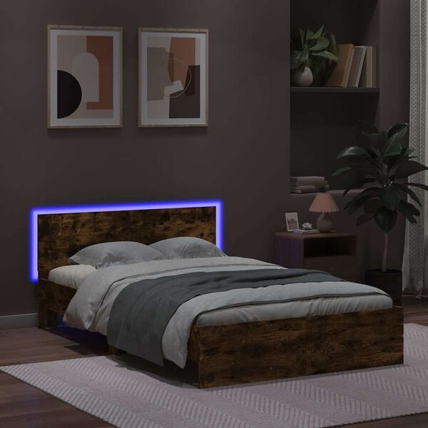 vidaXL Estructura de cama cabecero y luces LED roble ahumado 120x190cm
