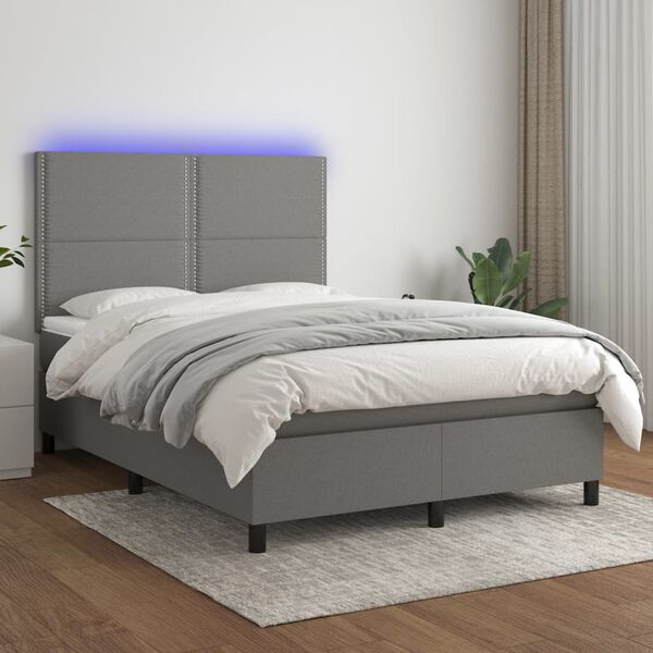 vidaXL Cama box spring colch&oacute;n y luces LED tela gris oscuro 140x190 cm