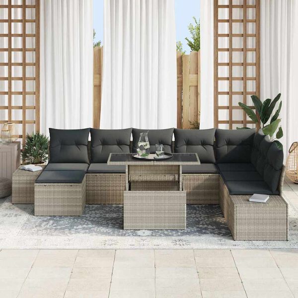 vidaXL Conjunto de sof&aacute; de jard&iacute;n 9 pcs Gris Claro Polirat&aacute;n