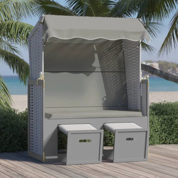 vidaXL Silla playa Strandkorb con dosel rat&aacute;n sint&eacute;tico madera gris
