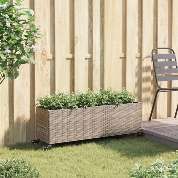 vidaXL Jardinera con ruedas y 3 maceteros rat&aacute;n PE gris 107x32x38 cm