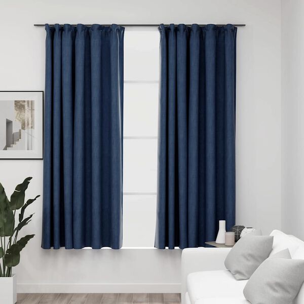 vidaXL Cortinas opacas con ganchos look de lino 2 pzas azul 140x175 cm