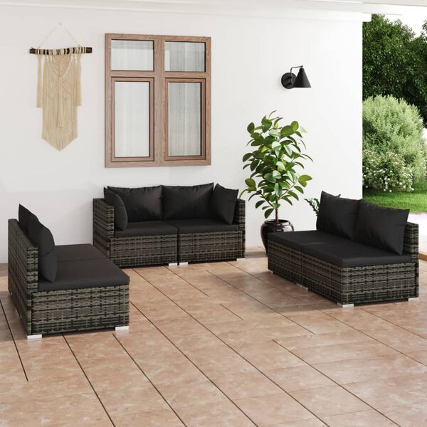 vidaXL Set de muebles de jard&iacute;n 6 pzas y cojines rat&aacute;n sint&eacute;tico gris
