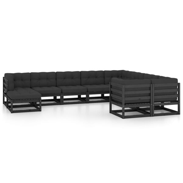 vidaXL Set de muebles de jard&iacute;n 10 pzas con cojines madera pino negro