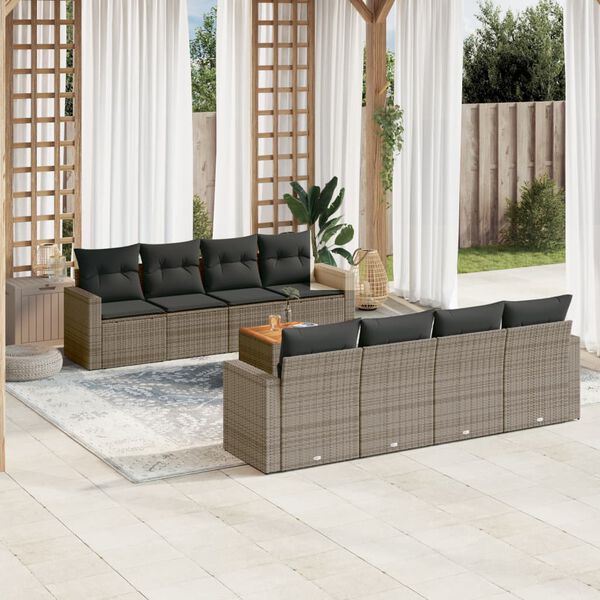 vidaXL Set de muebles de jard&iacute;n 9 pzas y cojines rat&aacute;n sint&eacute;tico gris