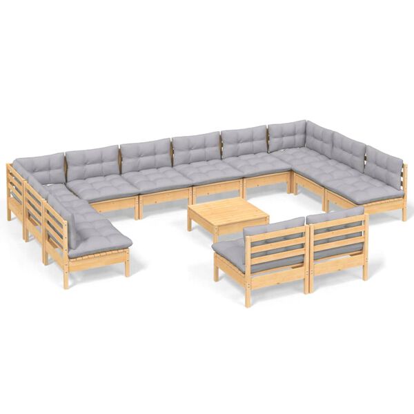 vidaXL Muebles de jard&iacute;n 13 pzas y cojines madera maciza de pino gris