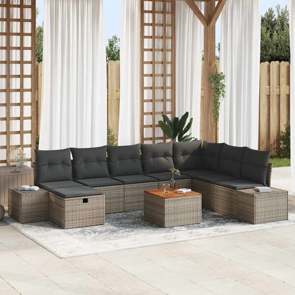 vidaXL Conjunto de sof&aacute;s de jard&iacute;n 9 pcs Gris rat&aacute;n sint&eacute;tico
