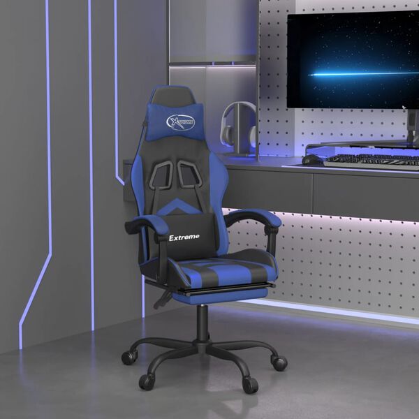 vidaXL Silla gaming giratoria y reposapi&eacute;s cuero sint&eacute;tico negro azul