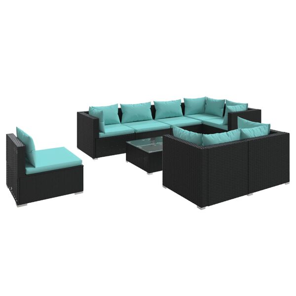 vidaXL Set de muebles de jard&iacute;n 9 pzas y cojines rat&aacute;n sint&eacute;tico negro