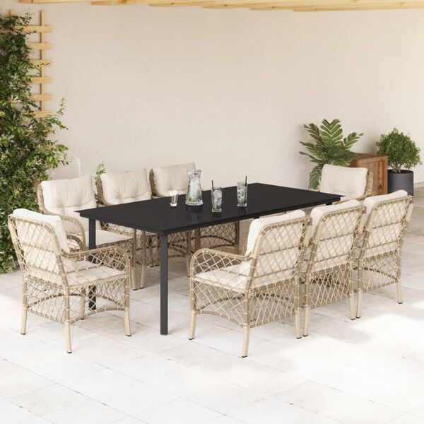 vidaXL Set comedor de jard&iacute;n 9 pzas con cojines rat&aacute;n sint&eacute;tico beige