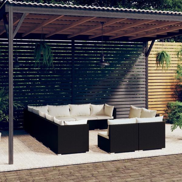 vidaXL Set de muebles de jard&iacute;n 12 pzas cojines rat&aacute;n sint&eacute;tico negro