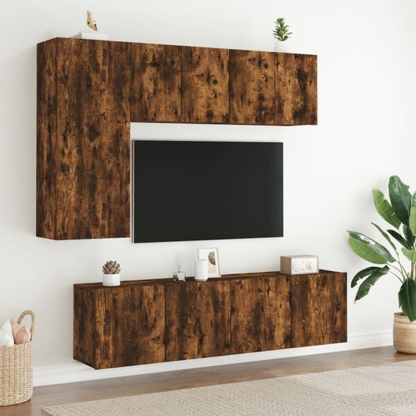 vidaXL Muebles de TV de pared 5 pzas madera ingenier&iacute;a roble ahumado