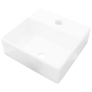 vidaXL Lavabo de cer&aacute;mica cuadrado orificio de grifo y desag&uuml;e blanco