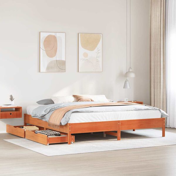 vidaXL Cama sin colch&oacute;n madera maciza de pino marr&oacute;n cera 180x200 cm
