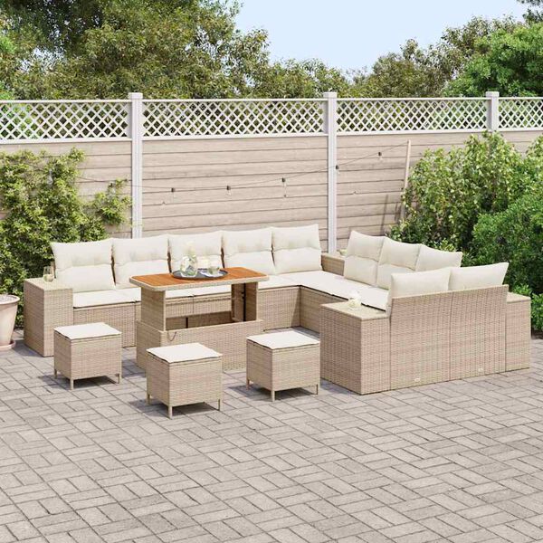 vidaXL Conjunto de sof&aacute; de jard&iacute;n 14 pcs Beige y Crema rat&aacute;n sint&eacute;tico
