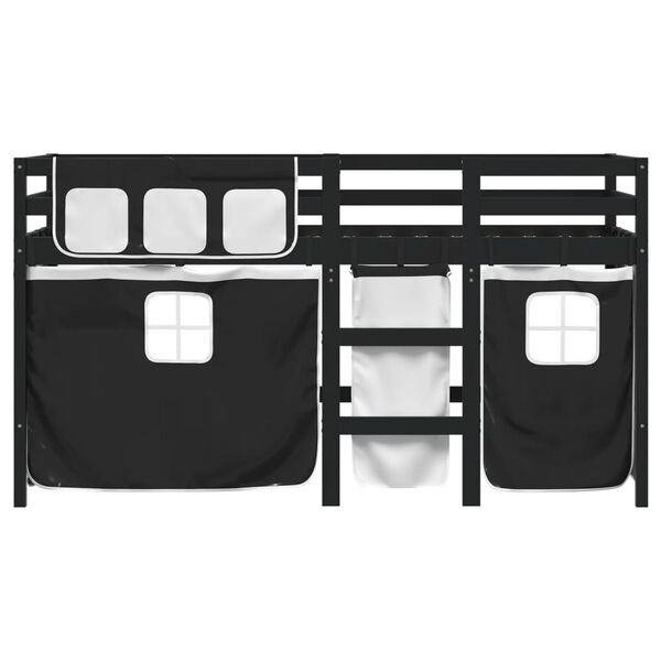 vidaXL Cama alta ni&ntilde;os con cortinas madera pino blanco negro 90x200 cm