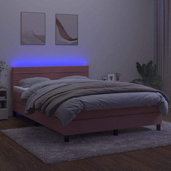 vidaXL Cama box spring colch&oacute;n y LED terciopelo rosa 140x190 cm