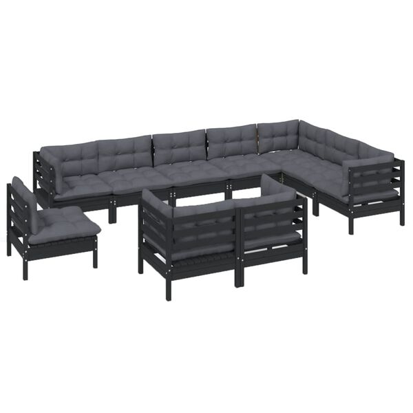 vidaXL Muebles de jard&iacute;n 10 pzas y cojines negro madera maciza de pino