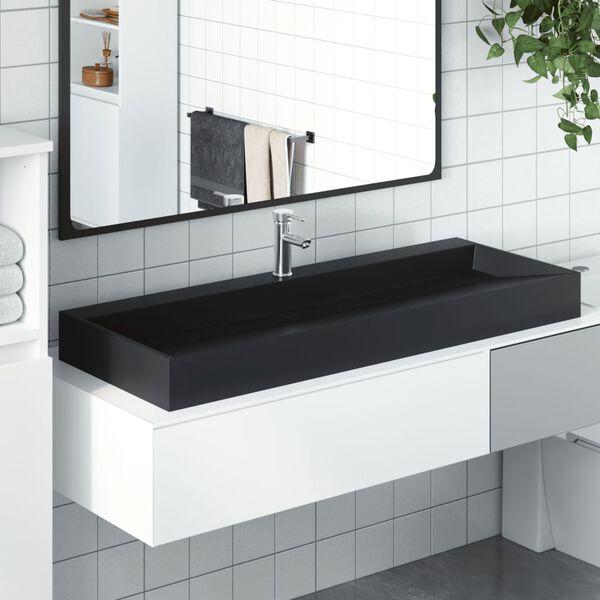 vidaXL Lavabo de fundición de mineral/mármol negro mate 120x46x11 cm