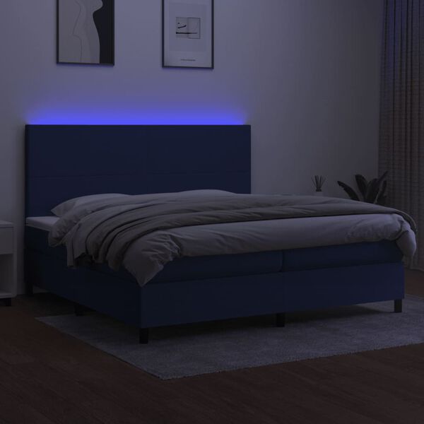 vidaXL Cama box spring colch&oacute;n y luces LED tela azul 200x200 cm