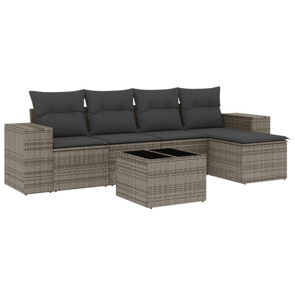 vidaXL Set de muebles de jard&iacute;n 6 pzas y cojines rat&aacute;n sint&eacute;tico gris