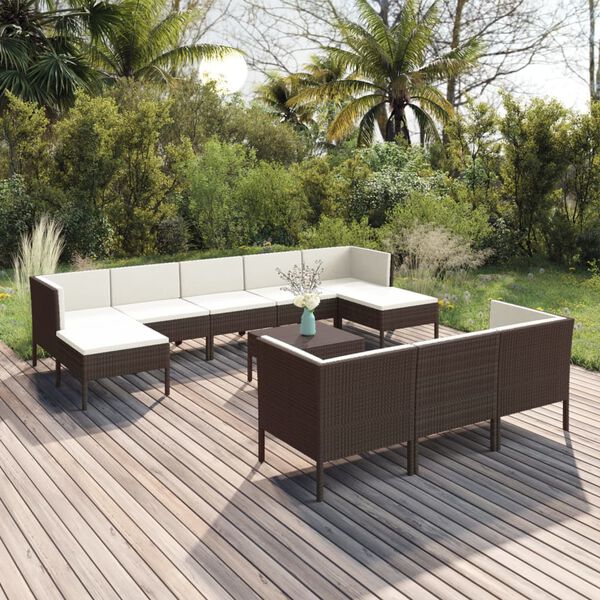 vidaXL Set muebles de jard&iacute;n 11 pzas y cojines rat&aacute;n sint&eacute;tico marr&oacute;n