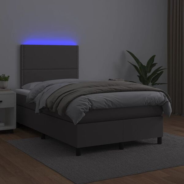 vidaXL Cama box spring con colch&oacute;n LED cuero sint&eacute;tico gris 120x190 cm