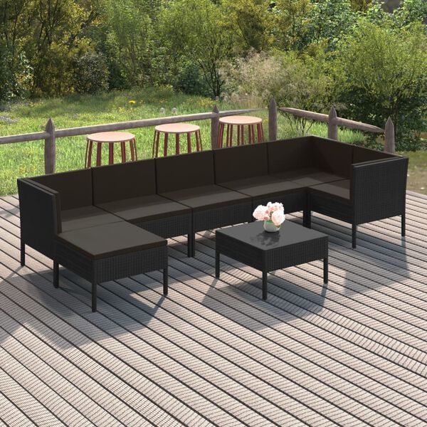 vidaXL Set de muebles de jard&iacute;n 8 pzas y cojines rat&aacute;n sint&eacute;tico negro