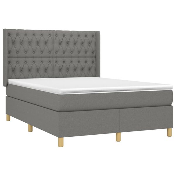 vidaXL Cama box spring colch&oacute;n y luces LED tela gris oscuro 140x190 cm
