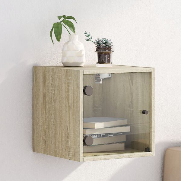 vidaXL Mesita de noche con puerta de vidrio roble Sonoma 35x37x35 cm