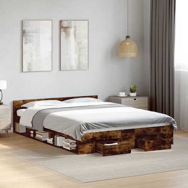vidaXL Cama con cajones madera de ingenier&iacute;a roble ahumado 140x200 cm