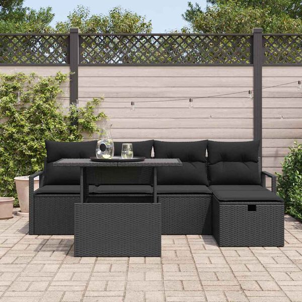 vidaXL Conjunto de sof&aacute; de jard&iacute;n con coj&iacute;n 6 pcs Negro Polirat&aacute;n