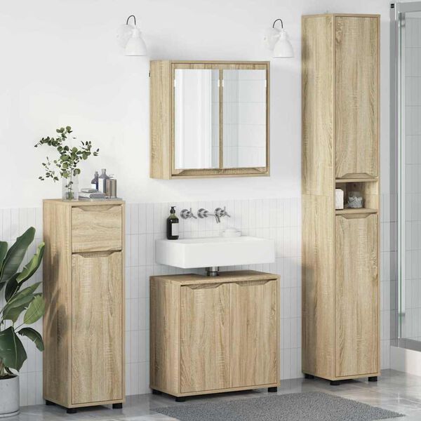 vidaXL Juego de muebles de ba&ntilde;o con caj&oacute;n con rueda 4 pcs Roble Sonoma