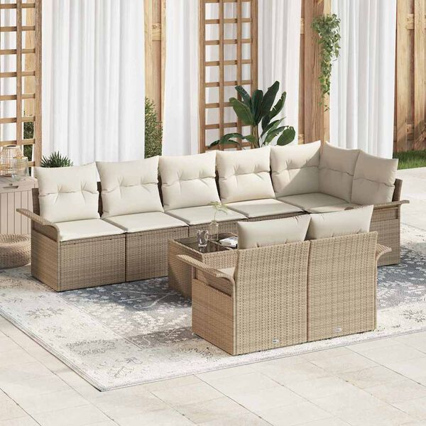 vidaXL Conjunto de sof&aacute; de jard&iacute;n con coj&iacute;n 9 pcs Beige Polirat&aacute;n