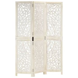 vidaXL Biombo 3 paneles tallado a mano madera mango blanco 120x165 cm