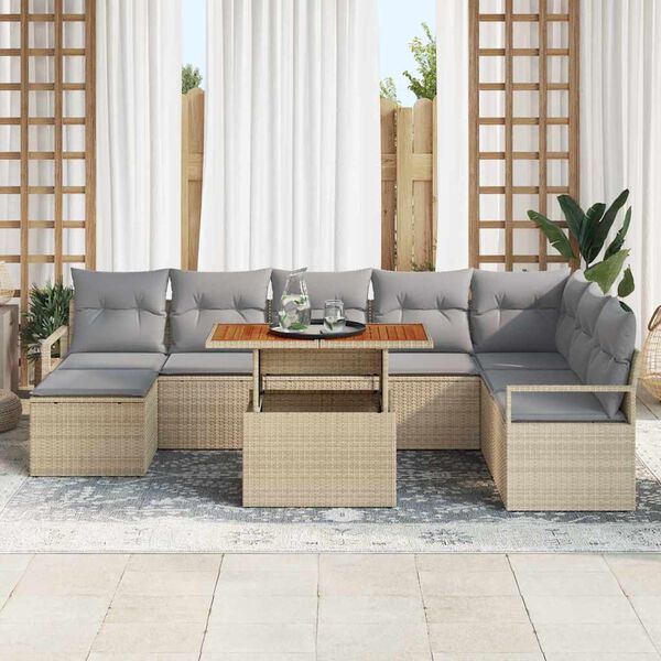 vidaXL Conjunto de sof&aacute; de jard&iacute;n 9 pcs Beige Polirat&aacute;n