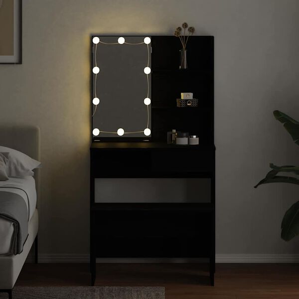 vidaXL Juego de mesa de tocador LED con caj&oacute;n 2 pcs Roble Negro
