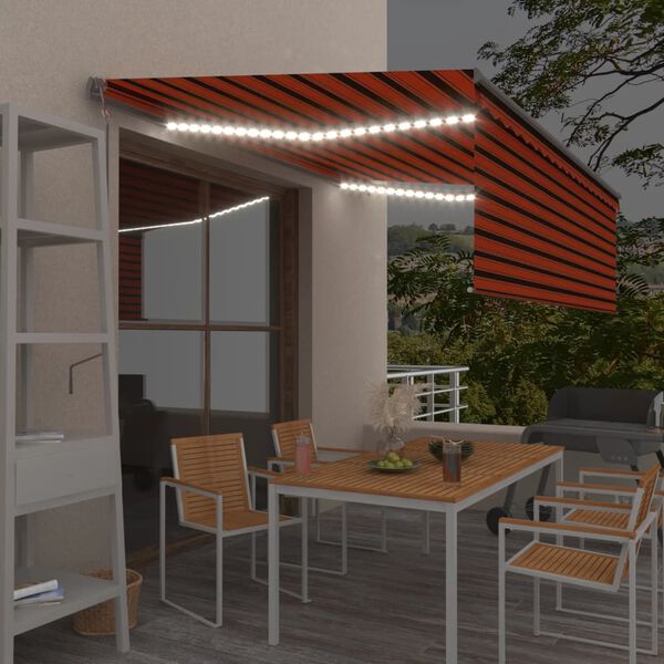 vidaXL Toldo automático persiana LED sensor viento naranja marrón 4x3m