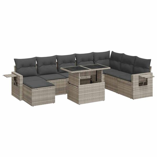 vidaXL Set muebles jard&iacute;n 9 pzas y cojines rat&aacute;n sint&eacute;tico gris claro