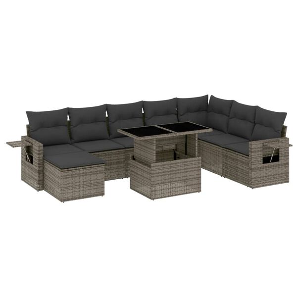 vidaXL Set de muebles de jard&iacute;n 9 pzas y cojines rat&aacute;n sint&eacute;tico gris