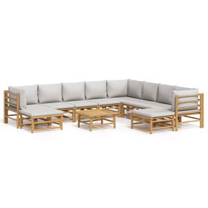 vidaXL Set de muebles de jard&iacute;n 11 piezas bamb&uacute; y cojines gris claro